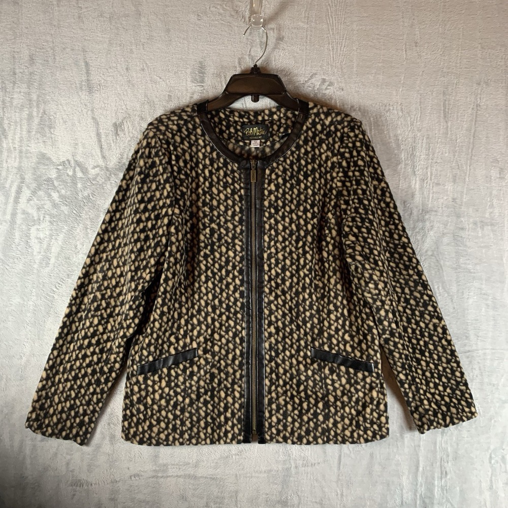 Bob Mackie Women's Fleece Jacket Leather Trim Full Zip Artsy Geometric Pockets M